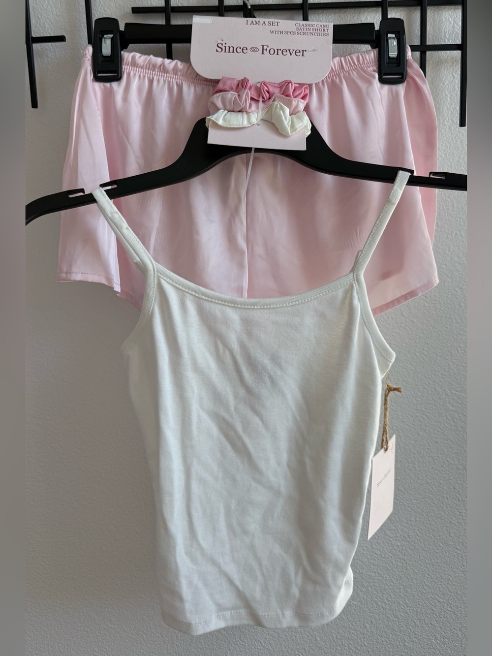 Since Forever Pink Satin Pajama Set Cami Shorts Scrunchies XS NWT